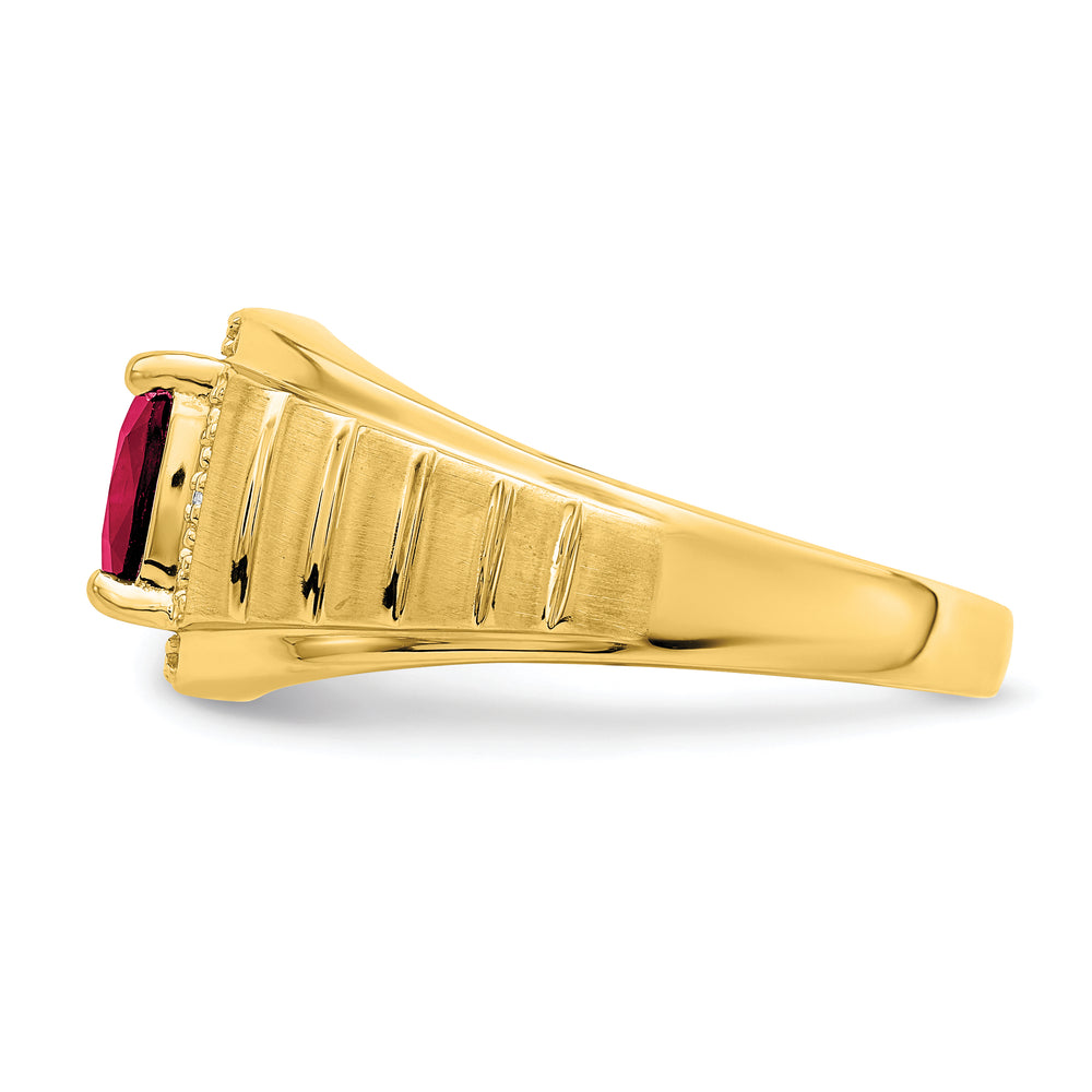 Side view of 14k yellow gold men's ring with cushion-cut created ruby and diamonds