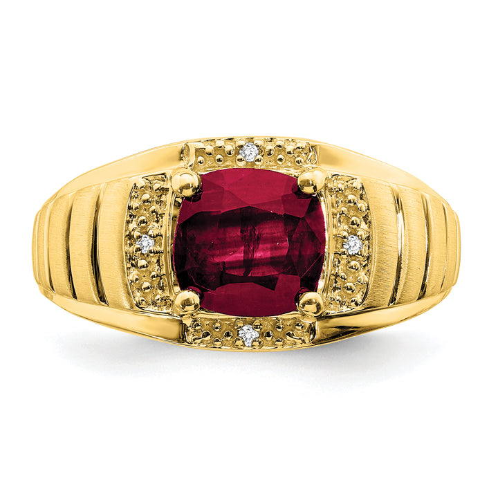 14k Yellow Gold Men’s Ring with Cushion-Cut Created Ruby and Sparkling Diamonds