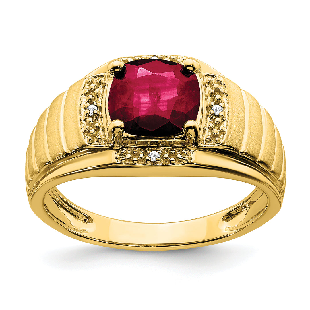 14k yellow gold men's ring with cushion-cut created ruby and diamond accents