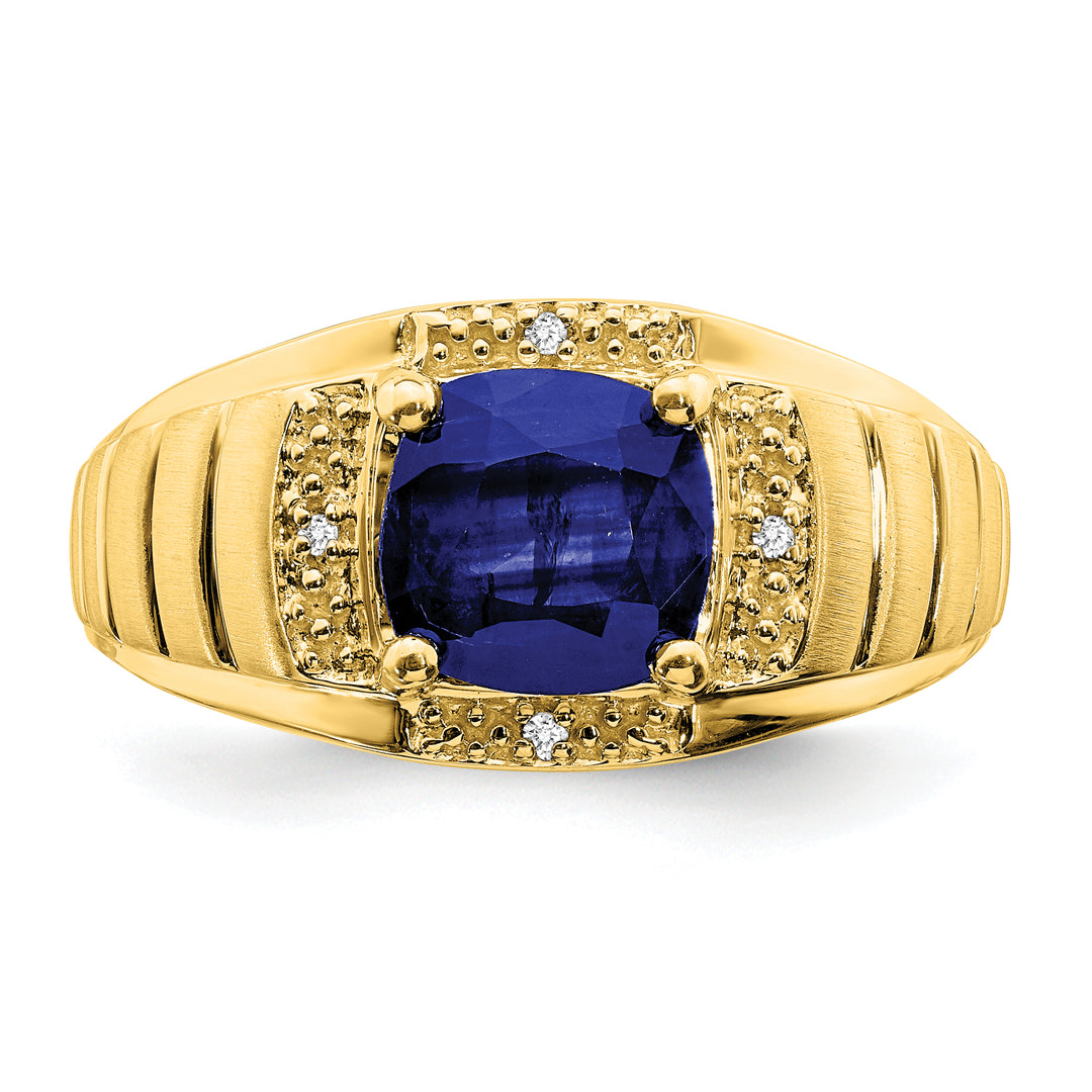 14k Yellow Gold Men's Ring with Cushion Sapphire and Diamond Details