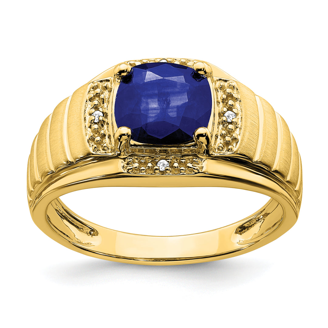 14k Yellow Gold Men's Ring with Cushion Sapphire and Diamond Accents