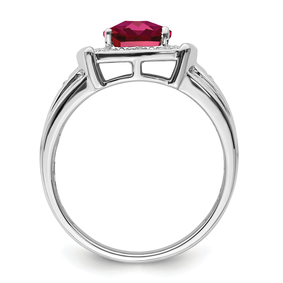 14k White Gold Cushion Created Ruby and Diamond Mens Ring with rhodium plating and durable construction, viewed from the side.