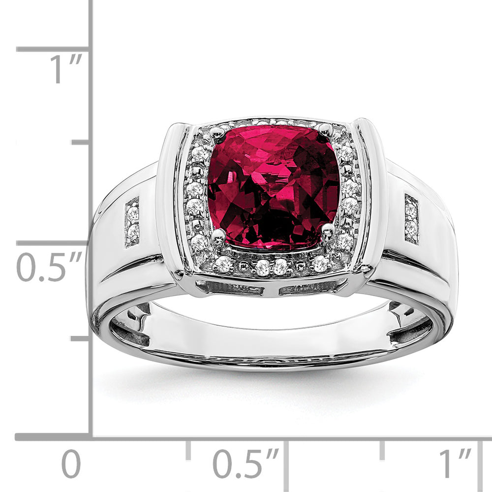 14k White Gold Cushion Created Ruby and Diamond Mens Ring with Rhodium Plating, Featuring a Cushion Cut Created Ruby Stone and Diamond Accents