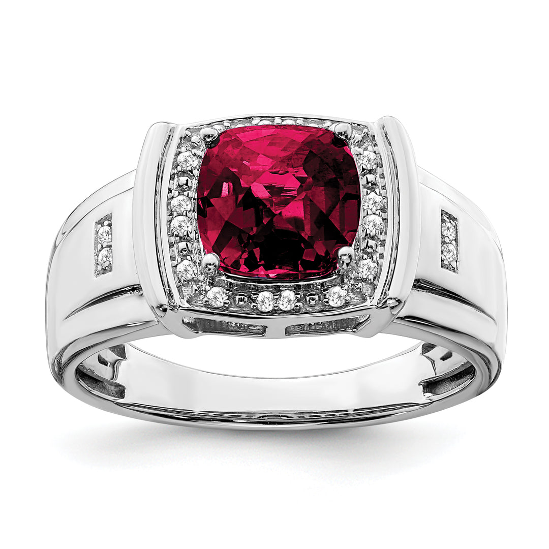 14k white gold men's ring with cushion cut created ruby and diamond accents