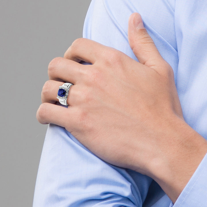 Man wearing 14k White Gold Cushion Created Sapphire and Diamond Men's Ring on hand