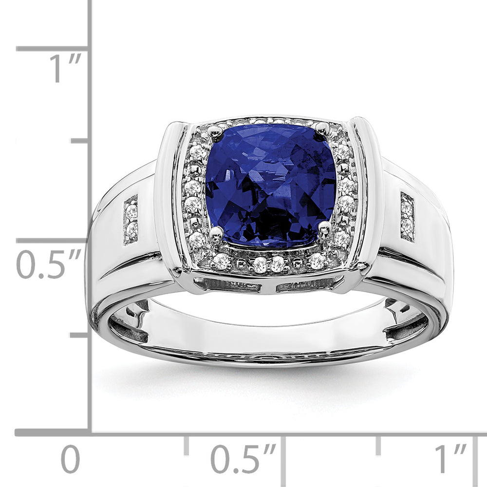 14k White Gold Cushion Created Sapphire and Diamond Men's Ring with Rhodium Plating and Tapered Band, Weighing 7.08 Grams