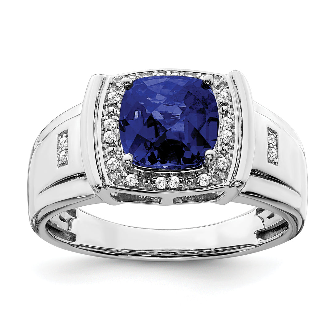 14k White Gold Cushion Created Sapphire and Diamond Men's Ring with rhodium plating