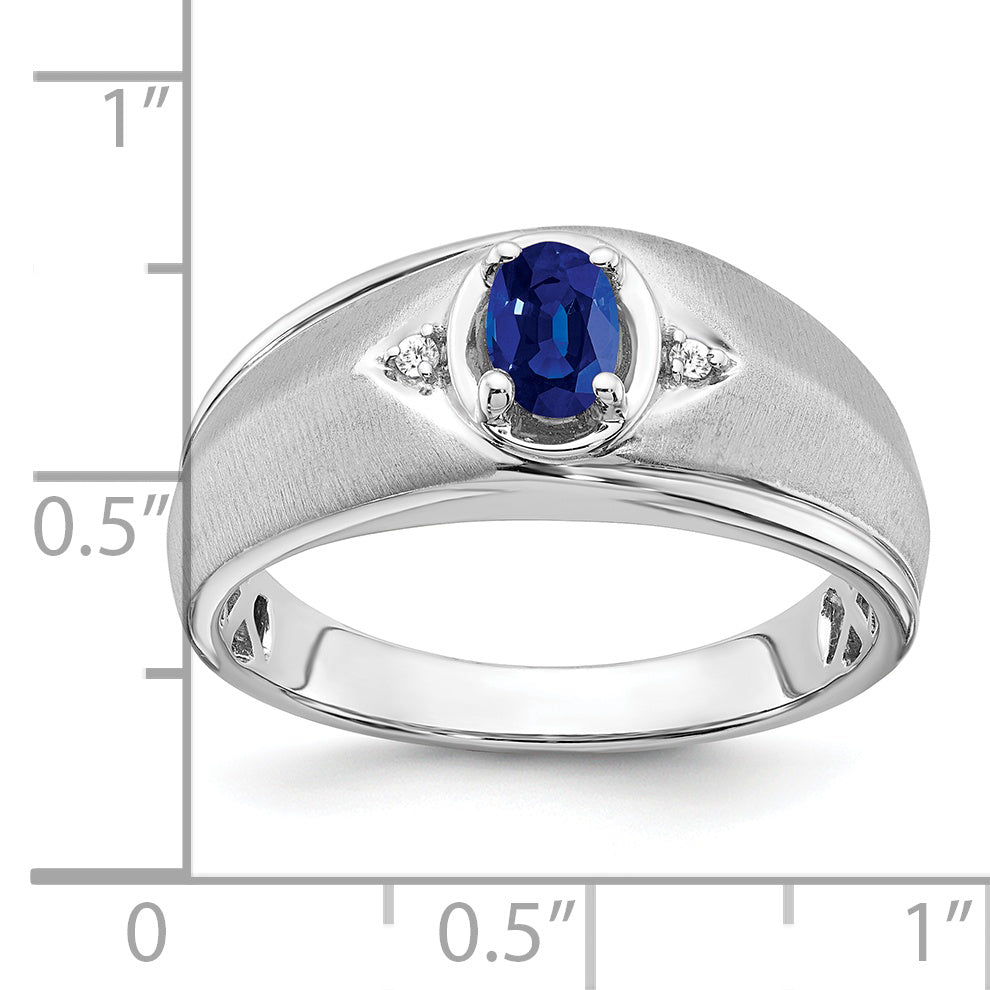 14k White Gold Oval Sapphire and Diamond Men's Ring with a deep blue sapphire center stone and sparkling diamonds, placed near size measurements