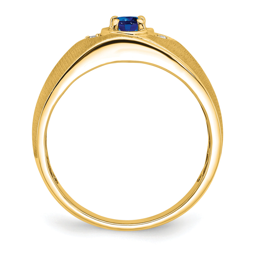 14k Yellow Gold Oval Sapphire and Diamond Men's Ring back view showcasing polished finish and deep blue sapphire gemstone