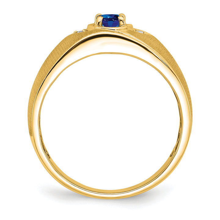 14k Yellow Gold Oval Sapphire and Diamond Men's Ring back view showcasing polished finish and deep blue sapphire gemstone