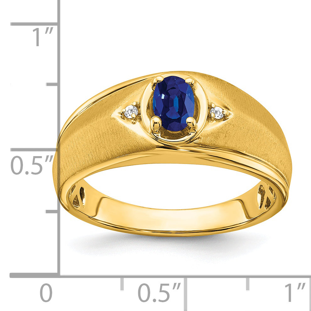 14k Yellow Gold Oval Sapphire and Diamond Men's Ring with Deep Blue Gemstone and Polished Finish