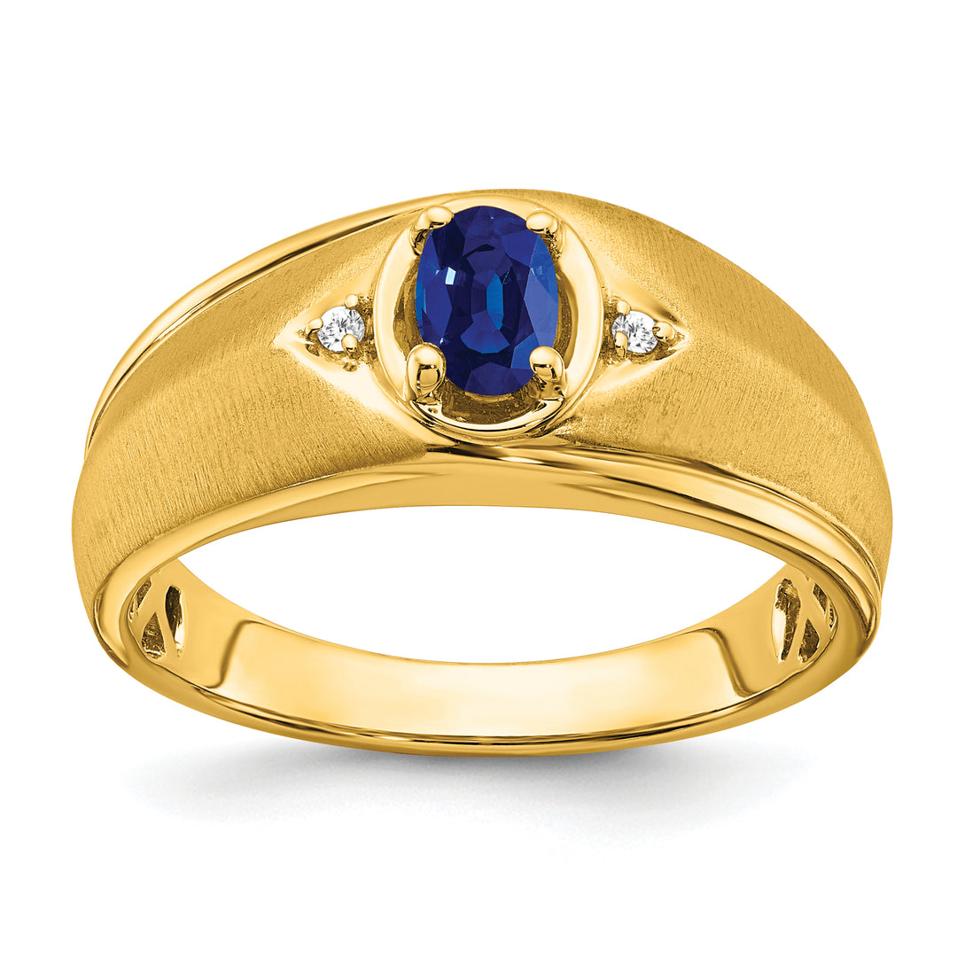 14k Yellow Gold Oval Sapphire and Diamond Men's Ring with deep blue sapphire gemstone and polished finish