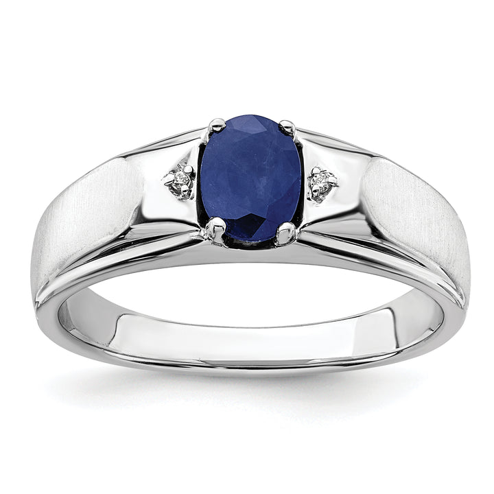 14k White Polished & Satin Sapphire & Diamond Mens Ring