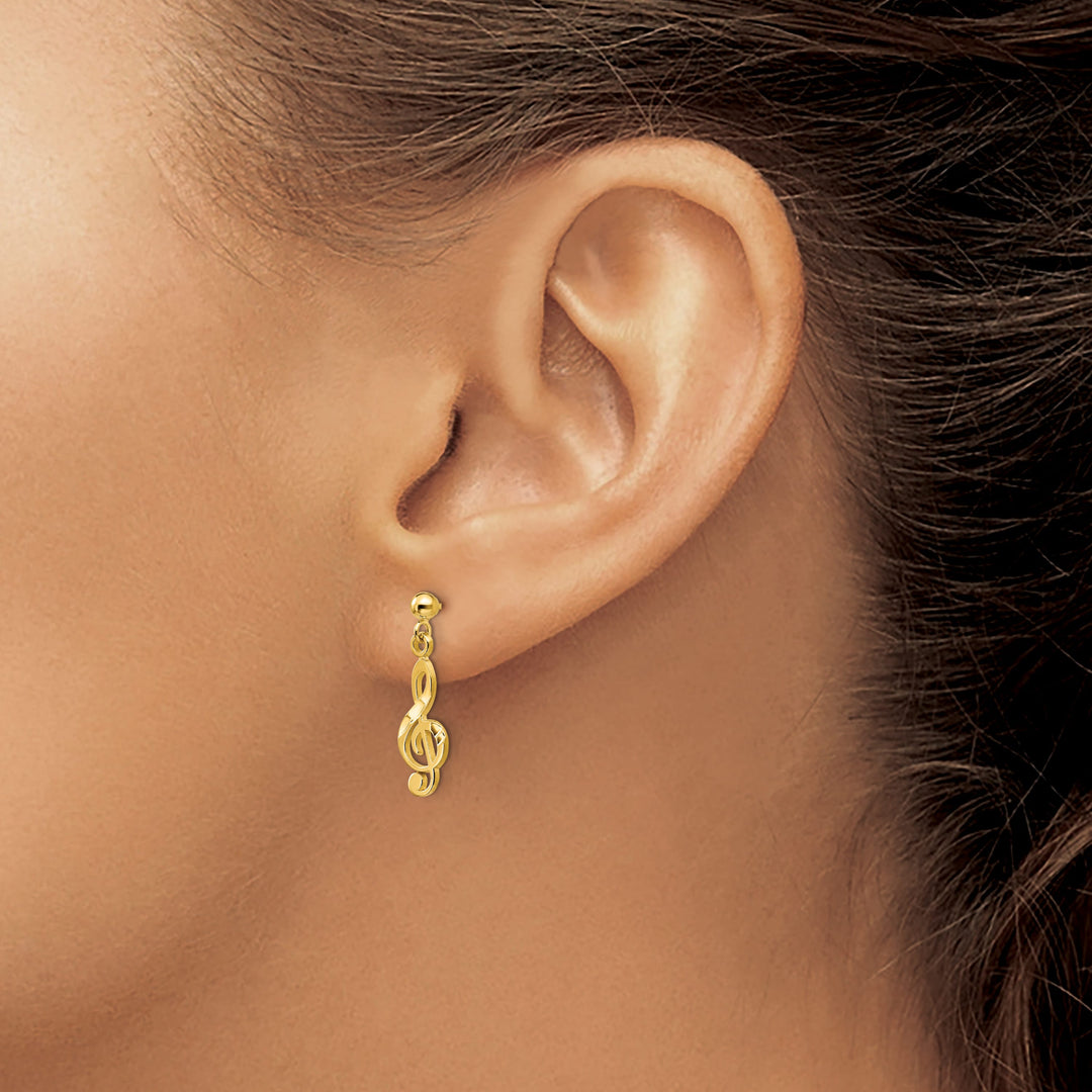 14K Yellow Gold Polished D.C. Treble Clef Dangle Post Earrings