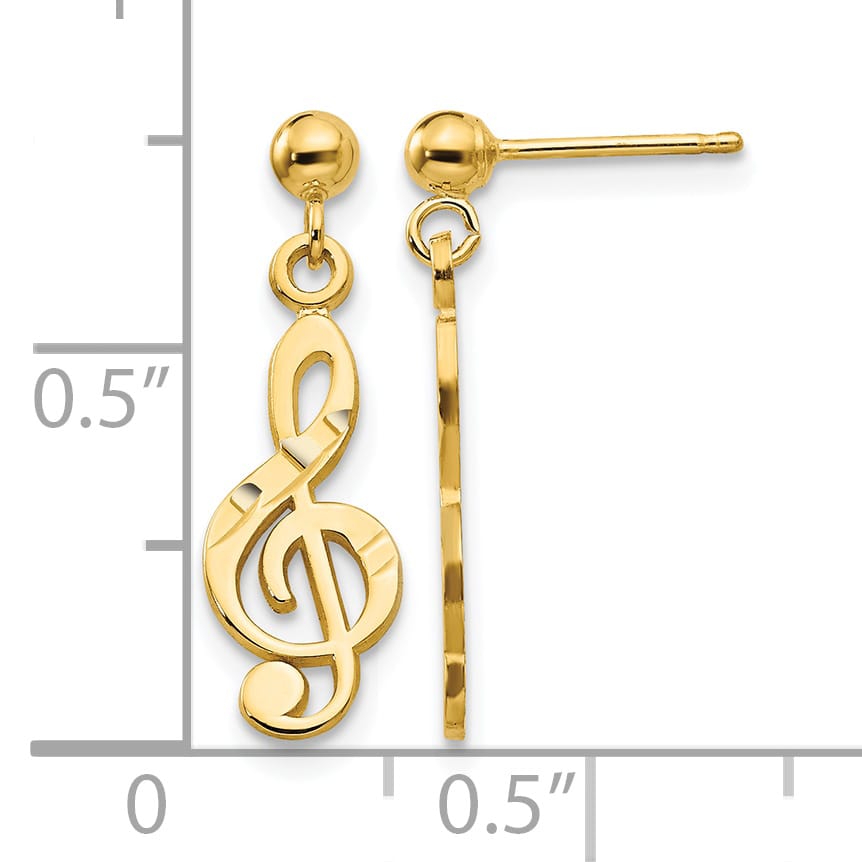 14K Yellow Gold Polished D.C. Treble Clef Dangle Post Earrings