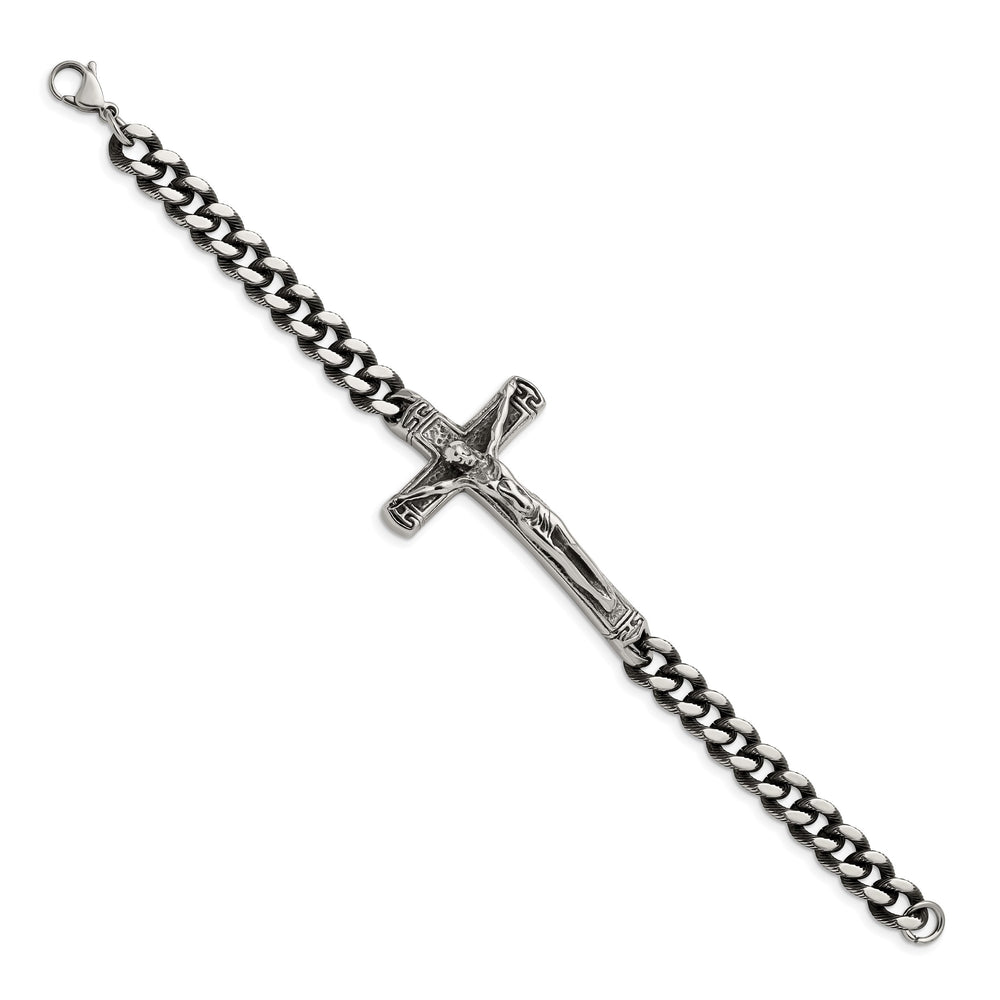 Chisel Stainless Steel Antiqued and Polished Crucifix 8.75" Bracelet