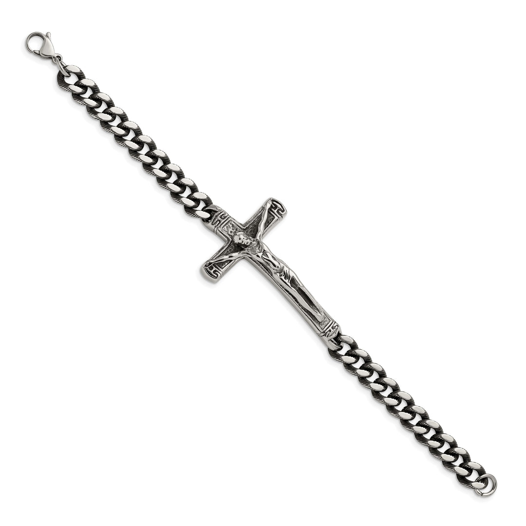 Chisel Stainless Steel Antiqued and Polished Crucifix 8.75" Bracelet