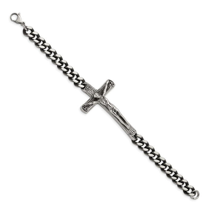 Chisel Stainless Steel Antiqued and Polished Crucifix 8.75" Bracelet