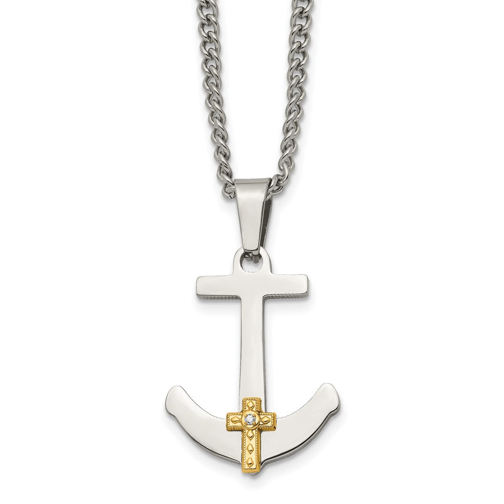 14K Yellow Gold Diamond Anchor Cross on a Curb Chain 24 inch Necklace