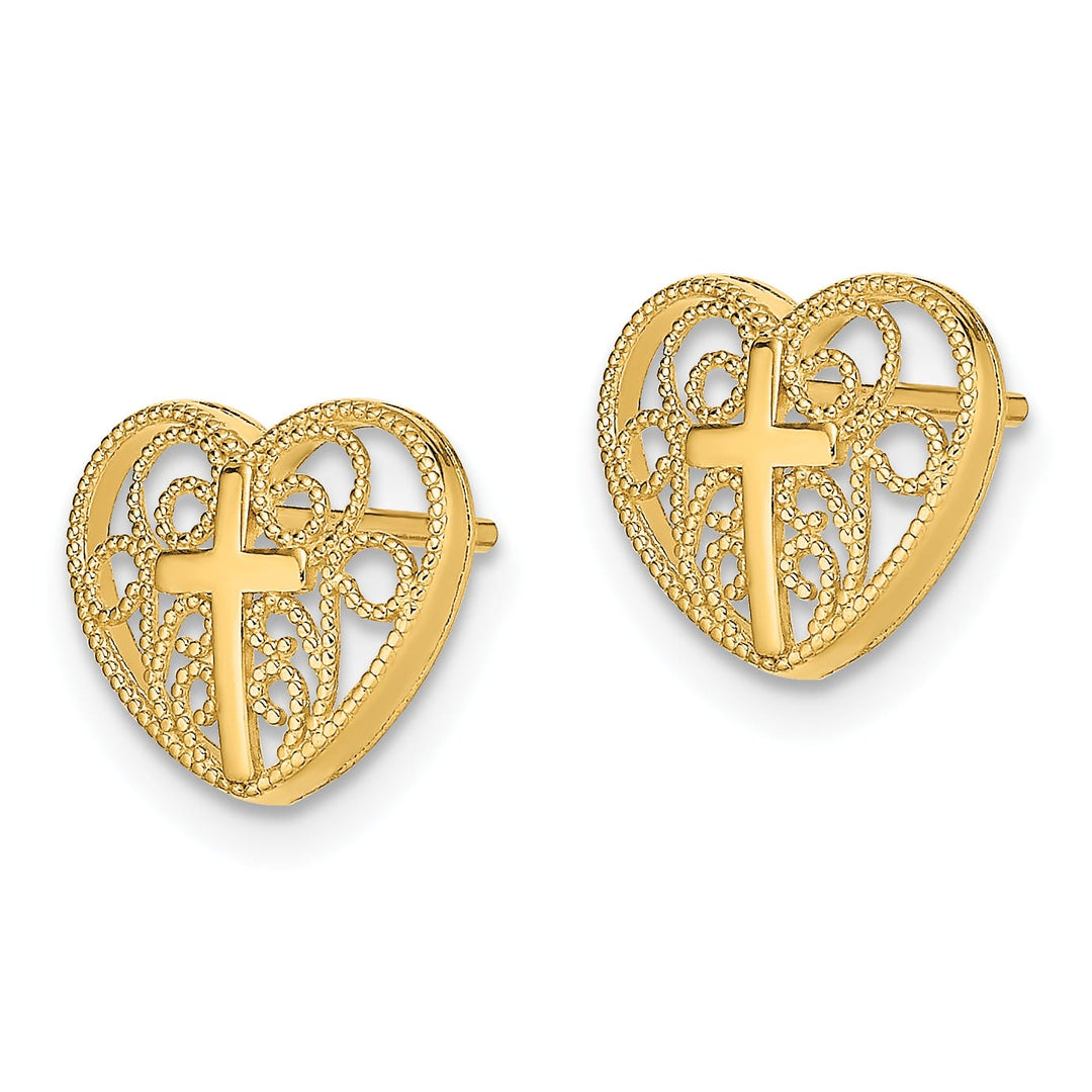 14K Yellow Gold Cross in Center Filigree Heart Post Earrings
