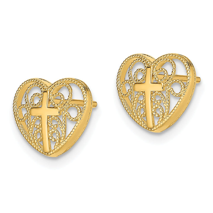 14K Yellow Gold Cross in Center Filigree Heart Post Earrings