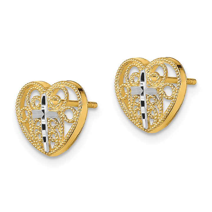 14K Yellow Gold Cross in Center Filigree Heart Post Earrings