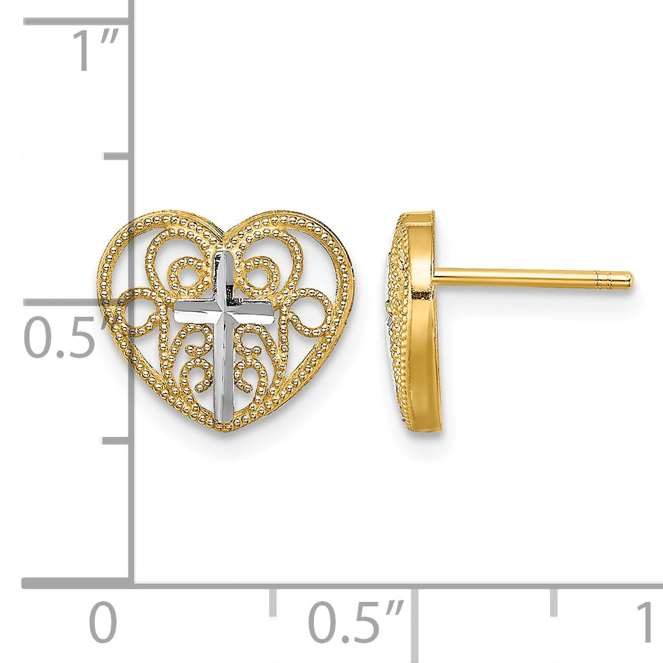 14K Yellow Gold Cross in Center Filigree Heart Post Earrings