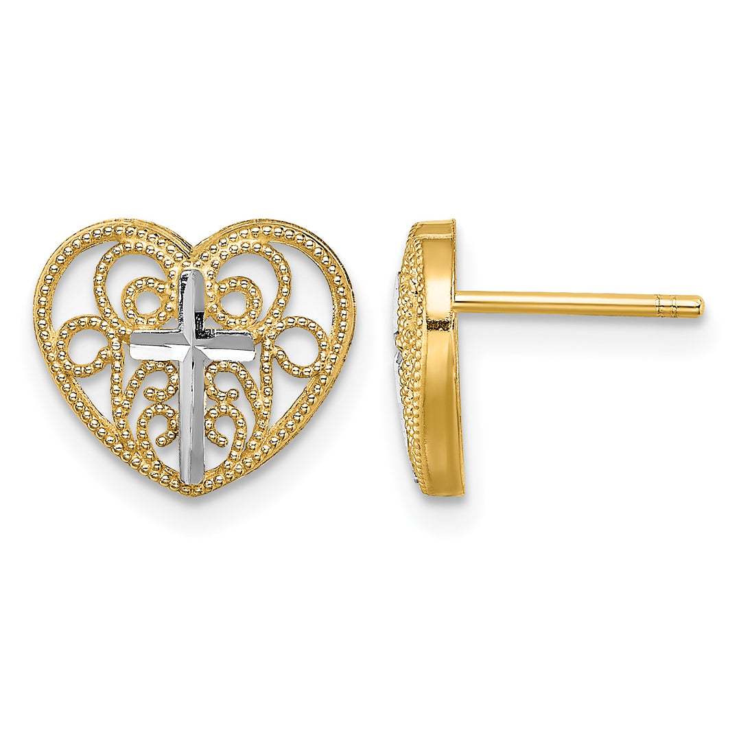 14K Yellow Gold Cross in Center Filigree Heart Post Earrings