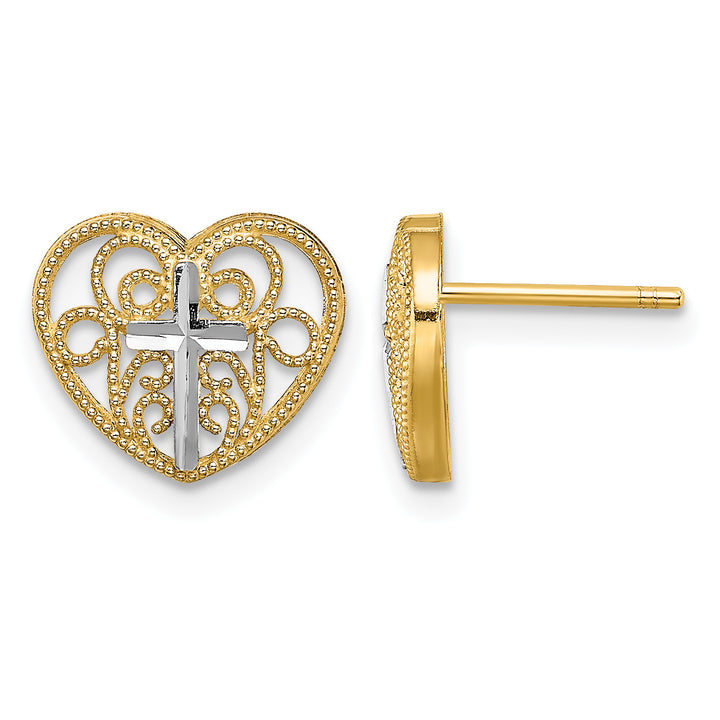 14K Yellow Gold Cross in Center Filigree Heart Post Earrings