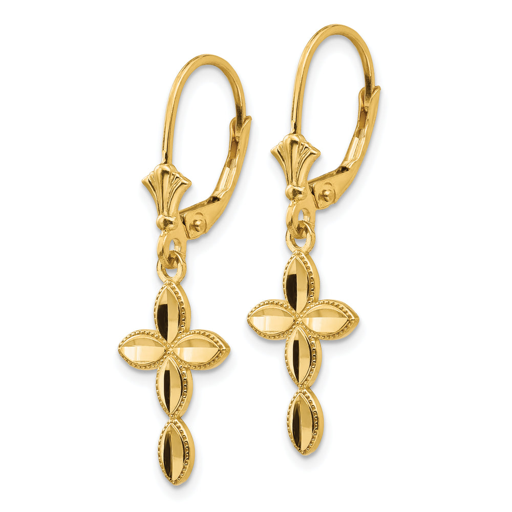 14K Yellow Gold D.C. Fancy Cross Dangle Leverback Earrings