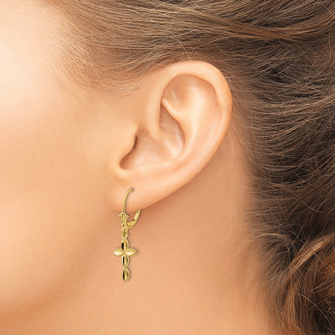 14K Yellow Gold D.C. Fancy Cross Dangle Leverback Earrings