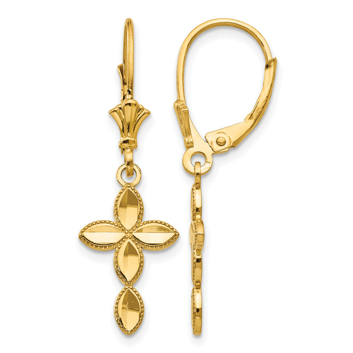 14K Yellow Gold D.C. Fancy Cross Dangle Leverback Earrings