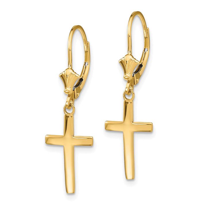 14K Yellow Gold Polished Cross Dangle Leverback Earrings