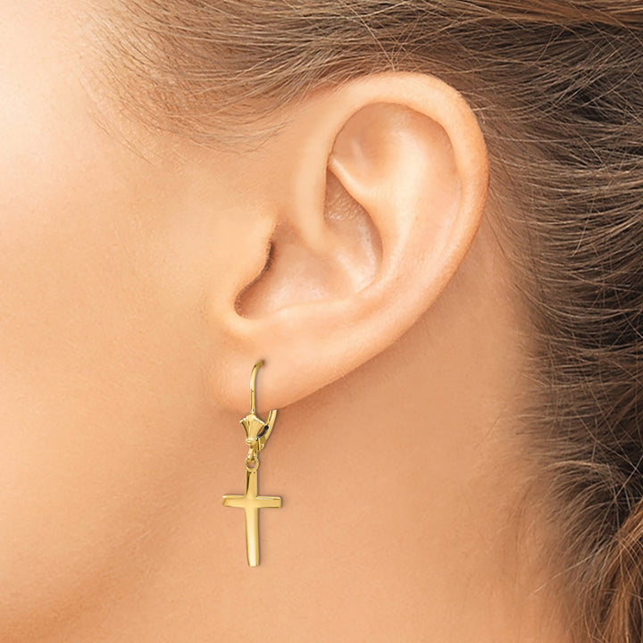 14K Yellow Gold Polished Cross Dangle Leverback Earrings