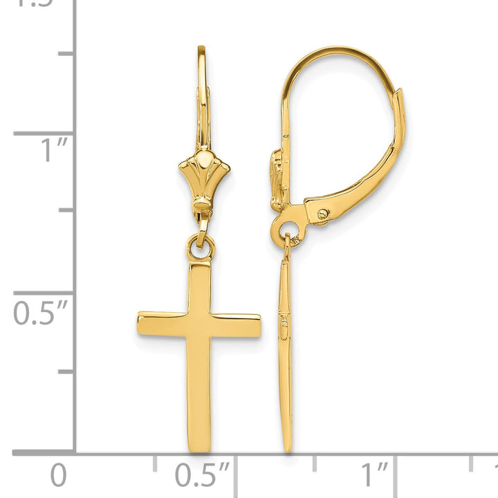 14K Yellow Gold Polished Cross Dangle Leverback Earrings