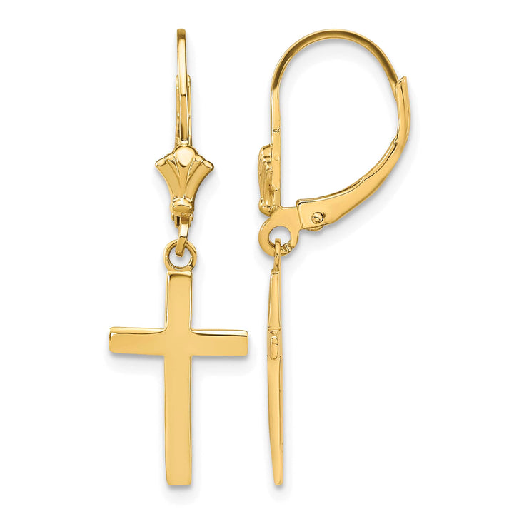 14K Yellow Gold Polished Cross Dangle Leverback Earrings