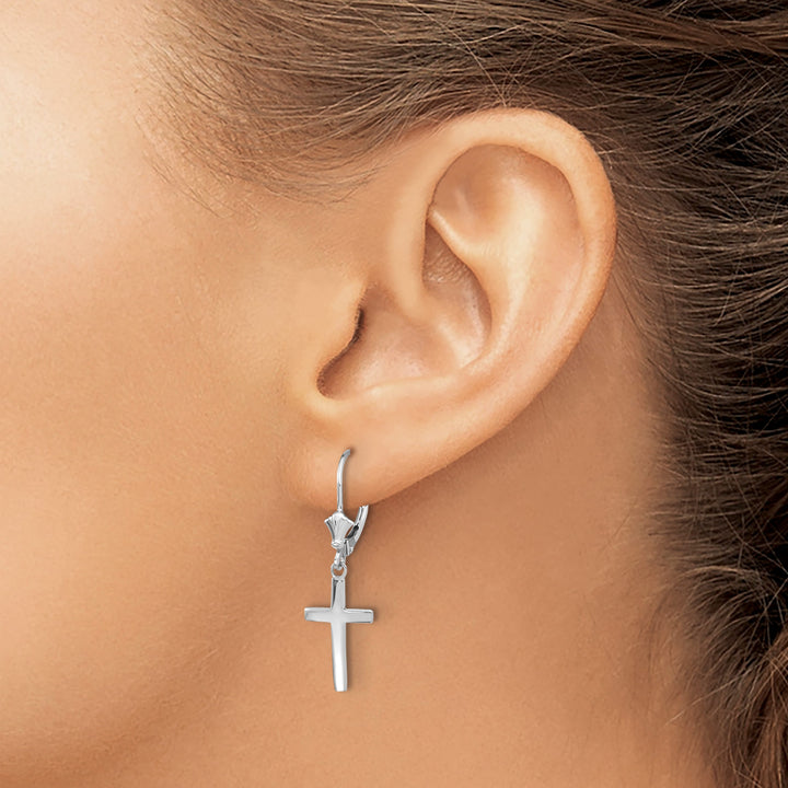 14K White Gold Polished Cross Dangle Leverback Earrings