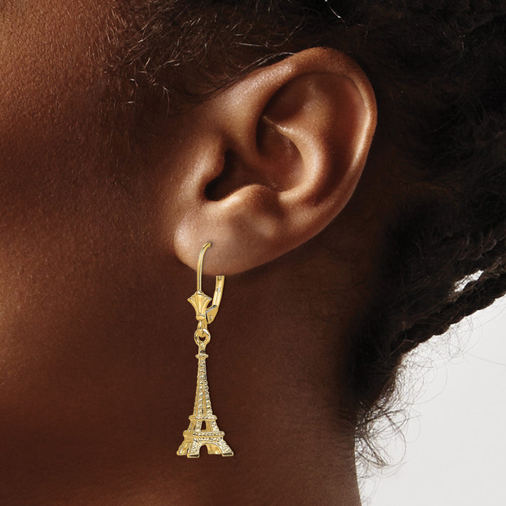 14K Yellow Gold 3-D Eiffel Tower Dangle Leverback Earrings