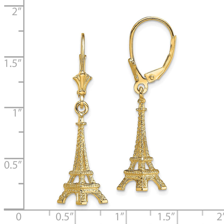 14K Yellow Gold 3-D Eiffel Tower Dangle Leverback Earrings