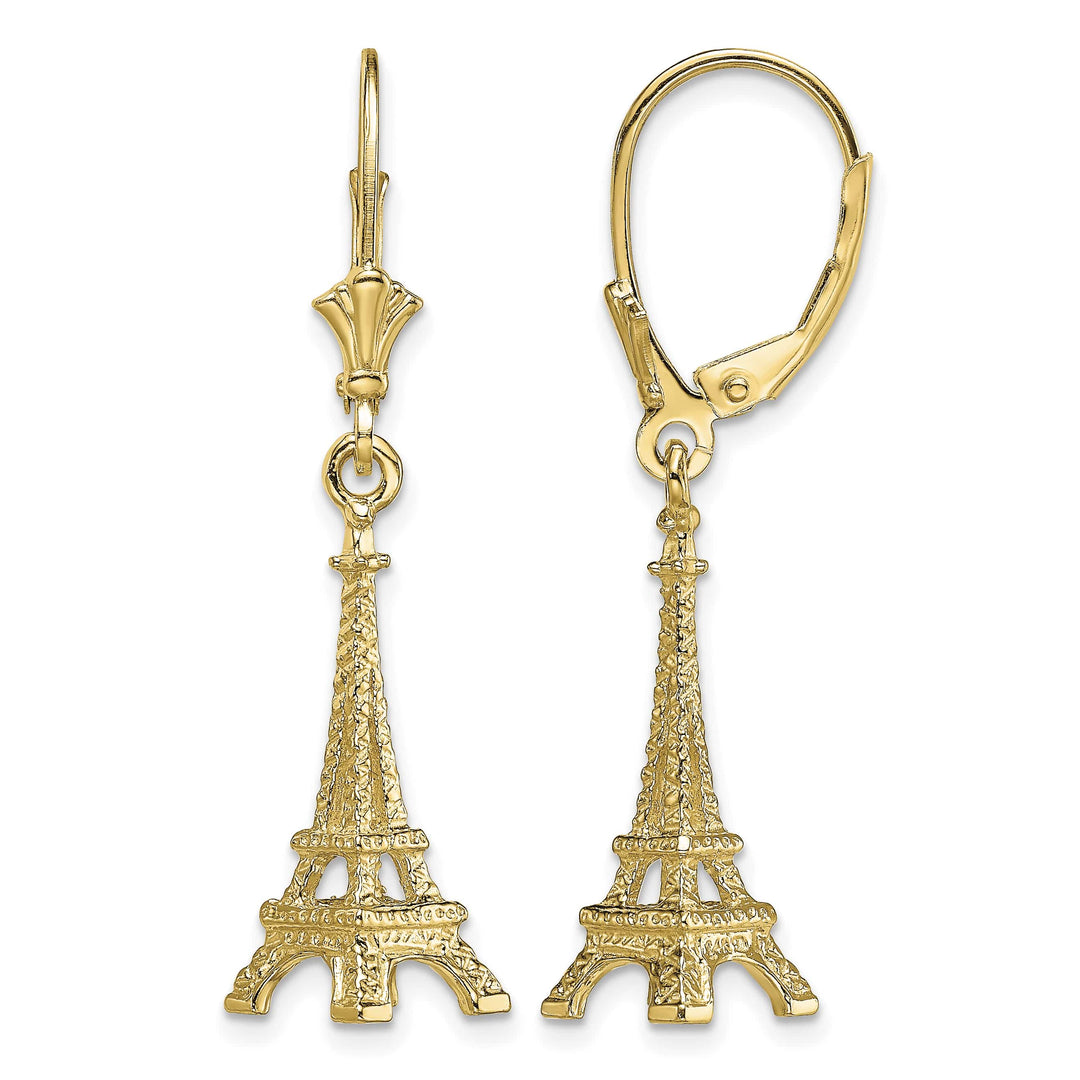 14K Yellow Gold 3-D Eiffel Tower Dangle Leverback Earrings