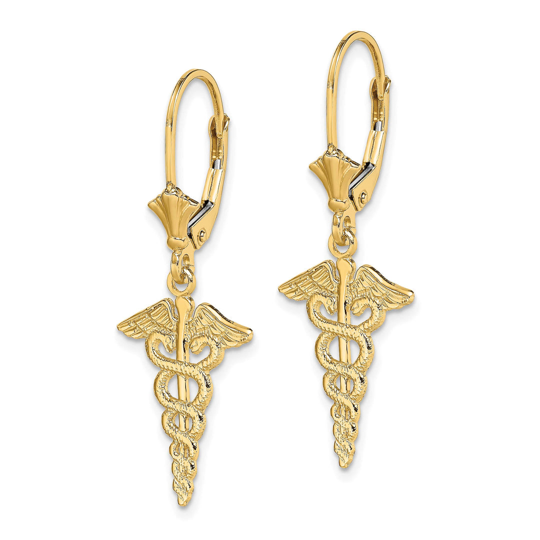 14K Yellow Gold Caduceus Dangle Leverback Earrings