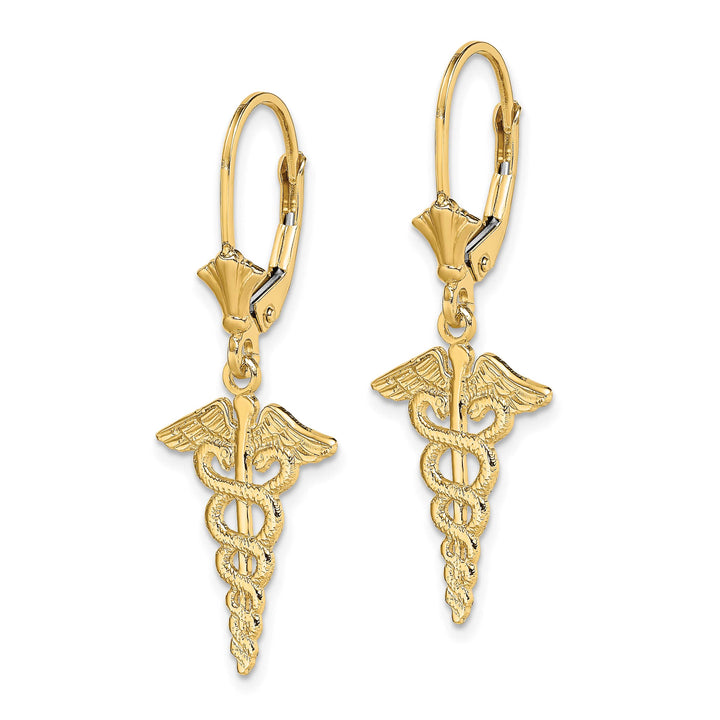 14K Yellow Gold Caduceus Dangle Leverback Earrings