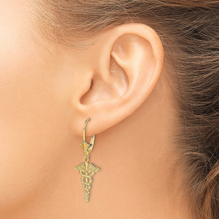14K Yellow Gold Caduceus Dangle Leverback Earrings