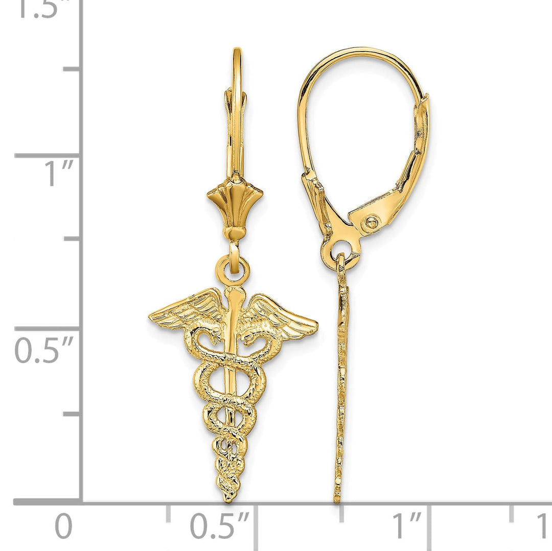 14K Yellow Gold Caduceus Dangle Leverback Earrings