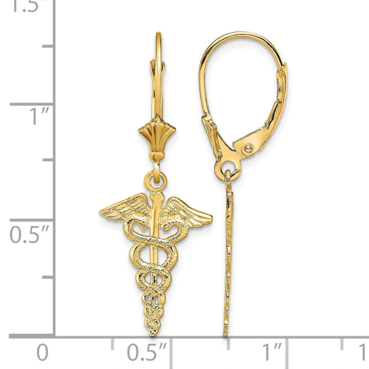 14K Yellow Gold Caduceus Dangle Leverback Earrings