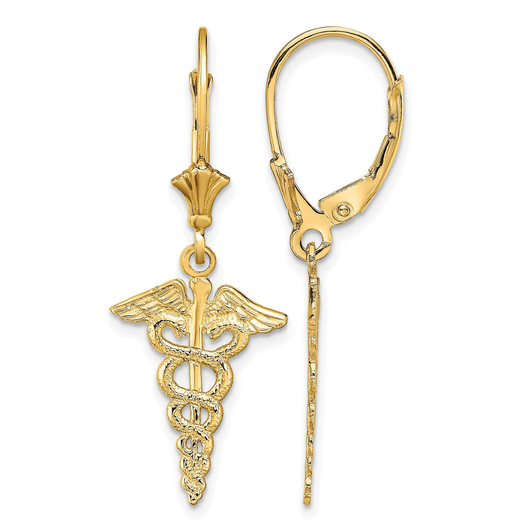 14K Yellow Gold Caduceus Dangle Leverback Earrings