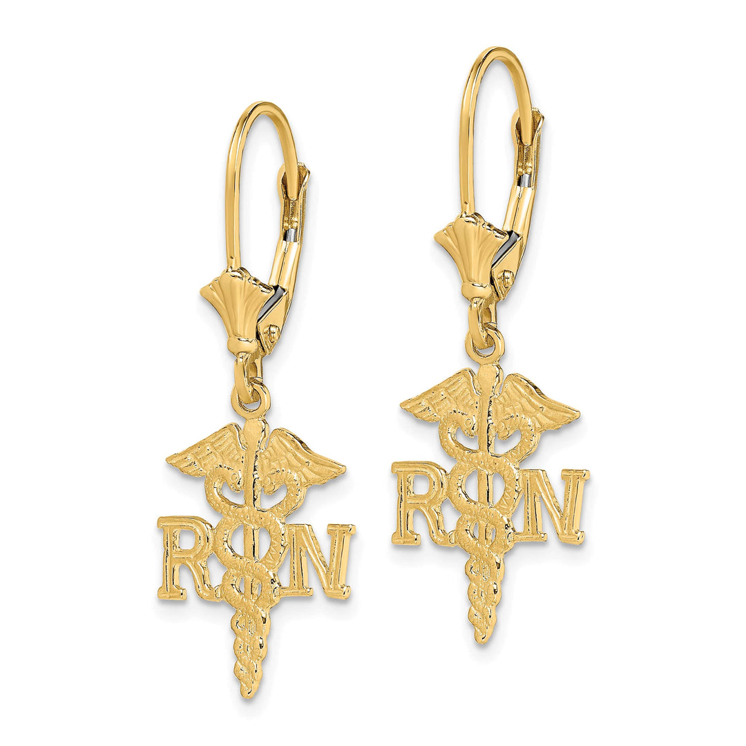 14K Yellow Gold RN Caduceus Dangle Leverback Earrings