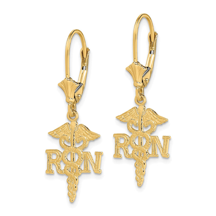 14K Yellow Gold RN Caduceus Dangle Leverback Earrings