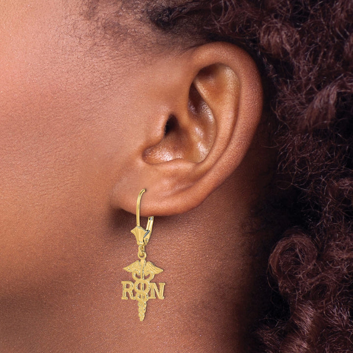 14K Yellow Gold RN Caduceus Dangle Leverback Earrings