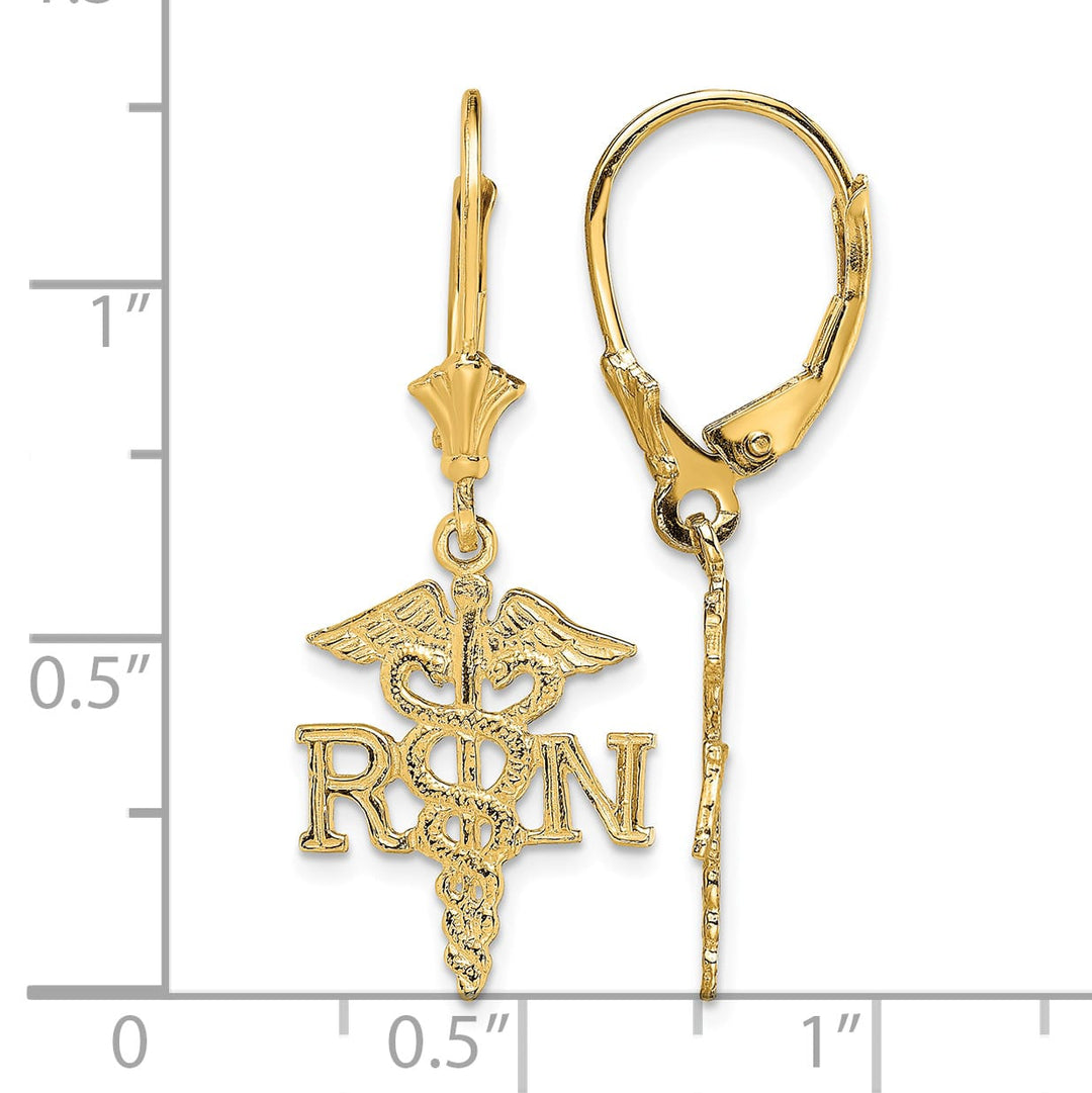 14K Yellow Gold RN Caduceus Dangle Leverback Earrings